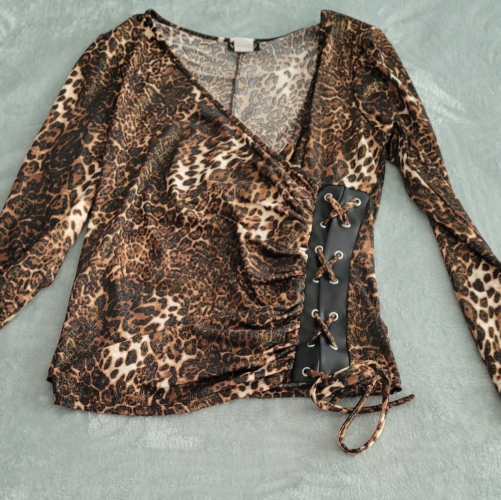 Animal print blouse with leather trim